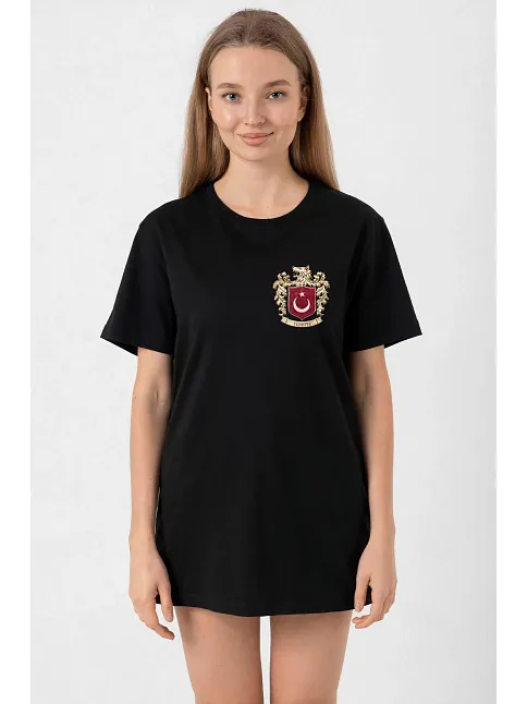 Türk Arma Baskılı Oversize Bisiklet Yaka Günlük T-shirt - Siyah Türk Arma Baskılı Oversize Bisiklet Yaka Günlük T-shirt - Siyah