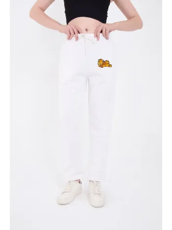 Kadın Üç İplik Pamuklu Baskılı Paçası Lastikli Cepli Eşofman Pantolon - Beyaz Kadın Üç İplik Pamuklu Baskılı Paçası Lastikli Cepli Eşofman Pantolon - Beyaz