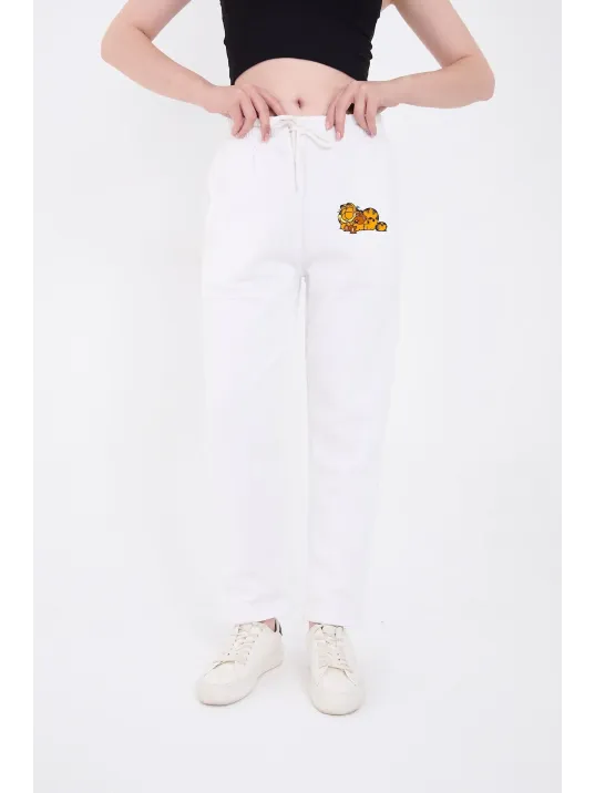 Kadın Üç İplik Pamuklu Baskılı Paçası Lastikli Cepli Eşofman Pantolon - Beyaz Kadın Üç İplik Pamuklu Baskılı Paçası Lastikli Cepli Eşofman Pantolon - Beyaz