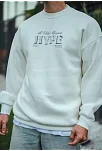 Erkek 3 İplik Pamuklu Bisiklet Yaka Baskılı Sweatshirt - Beyaz