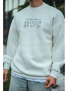 Erkek 3 İplik Pamuklu Bisiklet Yaka Baskılı Sweatshirt - Beyaz