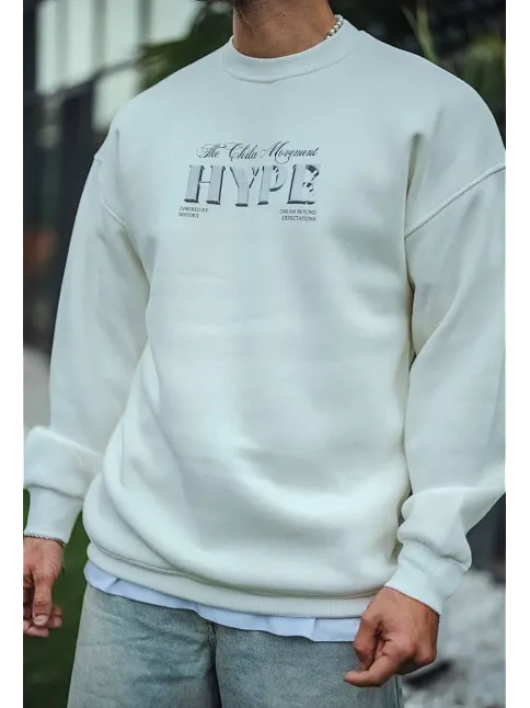 Erkek 3 İplik Pamuklu Bisiklet Yaka Baskılı Sweatshirt - Beyaz