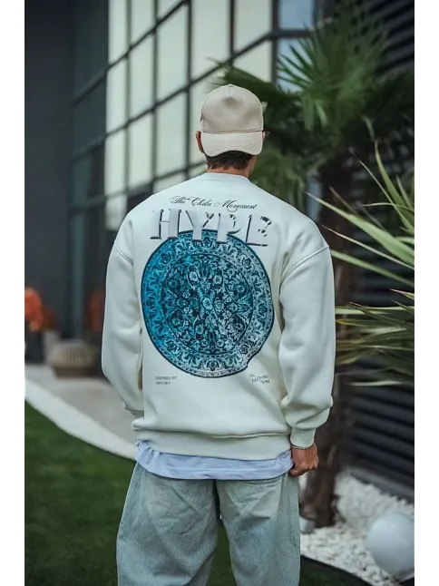 Erkek 3 İplik Pamuklu Bisiklet Yaka Baskılı Sweatshirt - Beyaz