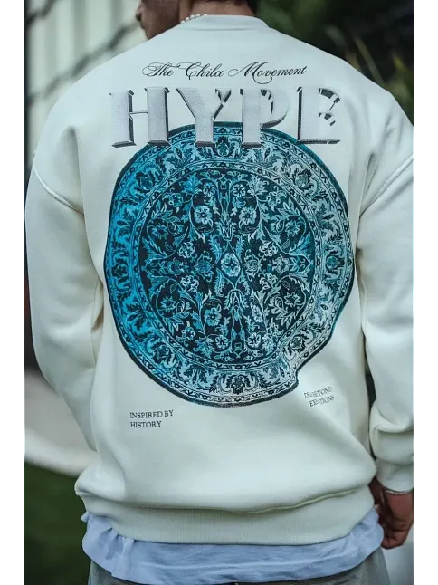 Erkek 3 İplik Pamuklu Bisiklet Yaka Baskılı Sweatshirt - Beyaz