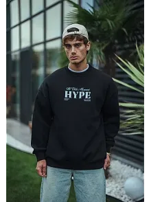 Erkek 3 İplik Pamuklu Bisiklet Yaka Baskılı Sweatshirt - Siyah