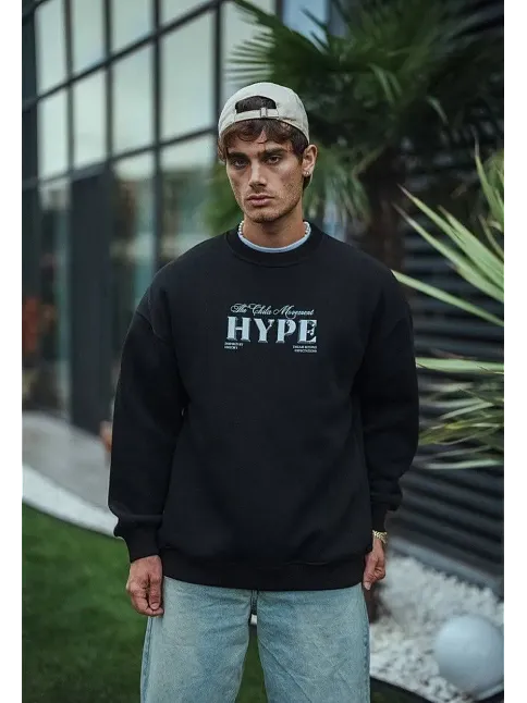 Erkek 3 İplik Pamuklu Bisiklet Yaka Baskılı Sweatshirt - Siyah