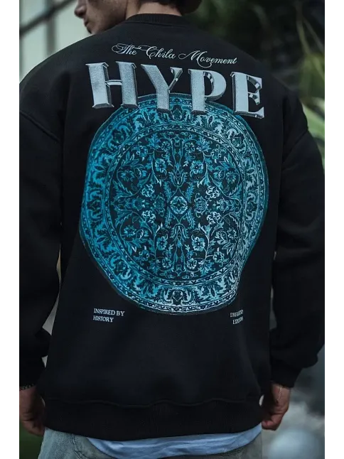 Erkek 3 İplik Pamuklu Bisiklet Yaka Baskılı Sweatshirt - Siyah