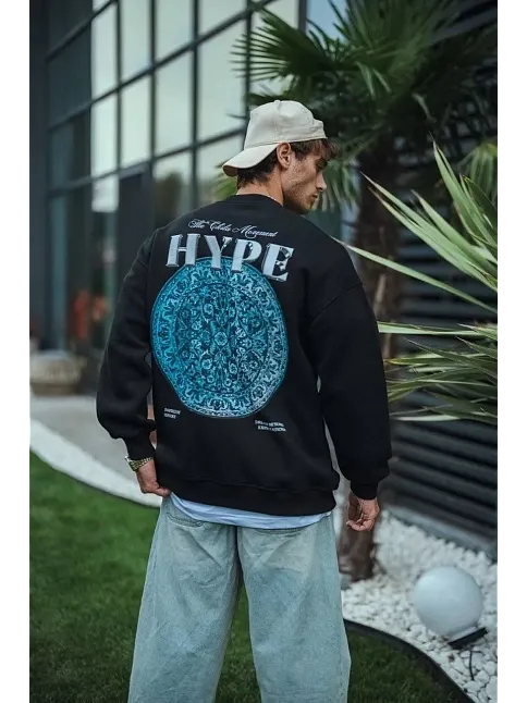 Erkek 3 İplik Pamuklu Bisiklet Yaka Baskılı Sweatshirt - Siyah