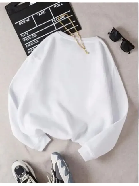 Kadın 3 İplik Pamuklu Bisikilet Yaka Sweatshirt - Beyaz