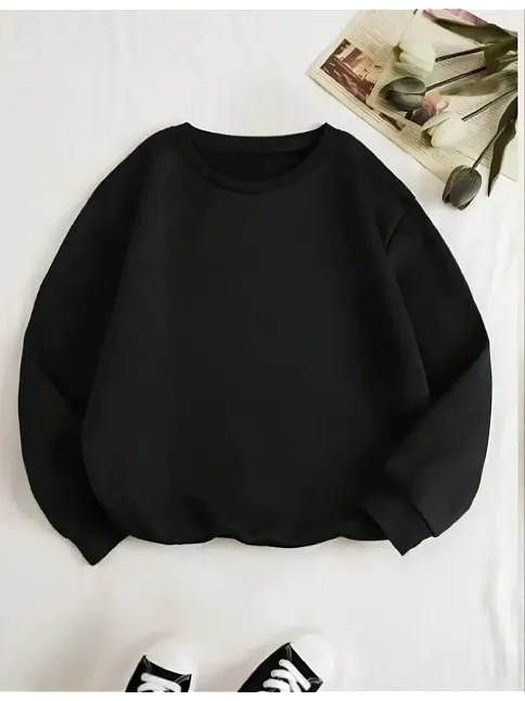 Kadın 3 İplik Pamuklu Bisikilet Yaka Sweatshirt - Siyah