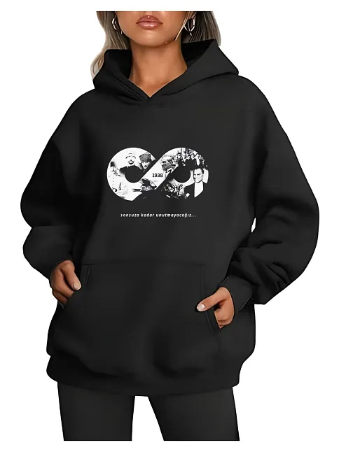 3 İplik Pamuklu Cepli  Kapüşonlu 10 Kasıma Özel Sweatshirt Hoodie - Siyah