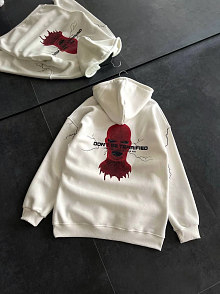 Kadın Kapüşonlu Kanguru Cepli Sweatshirt 3 İplik Pamuklu Baskılı Hoodie - Beyaz