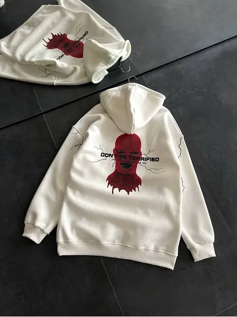 Kadın Kapüşonlu Kanguru Cepli Sweatshirt 3 İplik Pamuklu Baskılı Hoodie - Beyaz