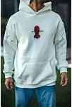 Erkek Kapüşonlu Kanguru Cepli Sweatshirt 3 İplik Pamuklu Baskılı Hoodie -  Beyaz