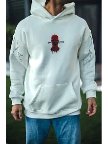 Erkek Kapüşonlu Kanguru Cepli Sweatshirt 3 İplik Pamuklu Baskılı Hoodie -  Beyaz