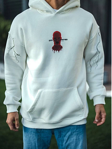 Erkek Kapüşonlu Kanguru Cepli Sweatshirt 3 İplik Pamuklu Baskılı Hoodie -  Beyaz
