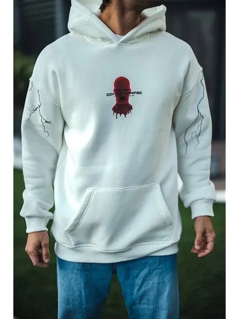Erkek Kapüşonlu Kanguru Cepli Sweatshirt 3 İplik Pamuklu Baskılı Hoodie -  Beyaz