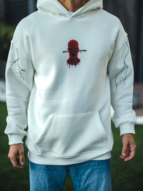 Erkek Kapüşonlu Kanguru Cepli Sweatshirt 3 İplik Pamuklu Baskılı Hoodie -  Beyaz