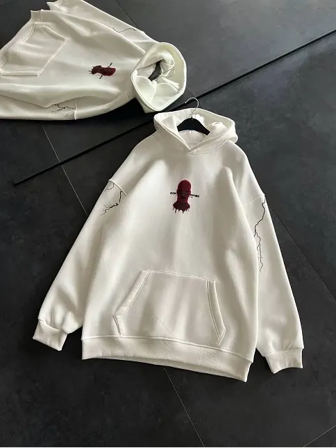 Kadın Kapüşonlu Kanguru Cepli Sweatshirt 3 İplik Pamuklu Baskılı Hoodie - Beyaz