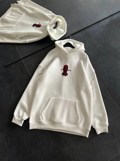 Kadın Kapüşonlu Kanguru Cepli Sweatshirt 3 İplik Pamuklu Baskılı Hoodie - Beyaz