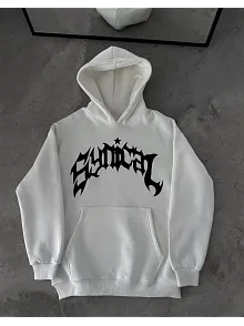 Kadın Kapüşonlu Kanguru Cepli Sweatshirt 3 İplik Pamuklu Baskılı Hoodie -  Beyaz