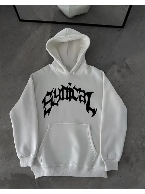 Kadın Kapüşonlu Kanguru Cepli Sweatshirt 3 İplik Pamuklu Baskılı Hoodie -  Beyaz