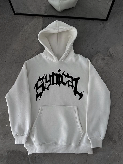 Kadın Kapüşonlu Kanguru Cepli Sweatshirt 3 İplik Pamuklu Baskılı Hoodie -  Beyaz