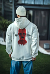 Erkek Kapüşonlu Kanguru Cepli Sweatshirt 3 İplik Pamuklu Baskılı Hoodie -  Beyaz
