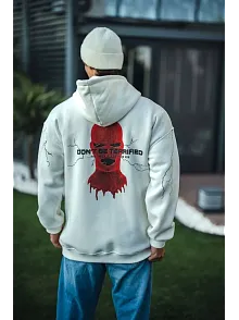 Erkek Kapüşonlu Kanguru Cepli Sweatshirt 3 İplik Pamuklu Baskılı Hoodie -  Beyaz