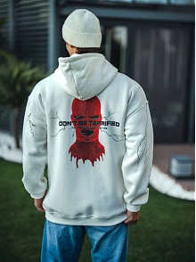 Erkek Kapüşonlu Kanguru Cepli Sweatshirt 3 İplik Pamuklu Baskılı Hoodie -  Beyaz