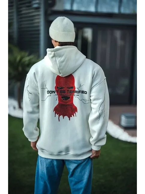 Erkek Kapüşonlu Kanguru Cepli Sweatshirt 3 İplik Pamuklu Baskılı Hoodie -  Beyaz