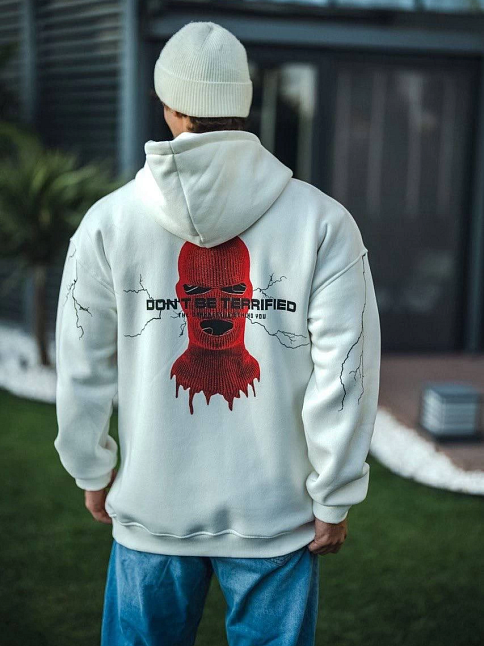 Erkek Kapüşonlu Kanguru Cepli Sweatshirt 3 İplik Pamuklu Baskılı Hoodie -  Beyaz