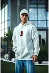 Erkek Kapüşonlu Kanguru Cepli Sweatshirt 3 İplik Pamuklu Baskılı Hoodie -  Beyaz
