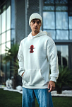Erkek Kapüşonlu Kanguru Cepli Sweatshirt 3 İplik Pamuklu Baskılı Hoodie -  Beyaz