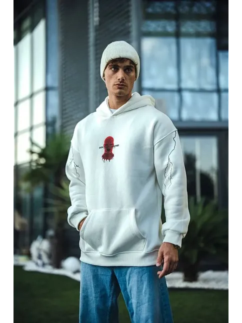 Erkek Kapüşonlu Kanguru Cepli Sweatshirt 3 İplik Pamuklu Baskılı Hoodie -  Beyaz