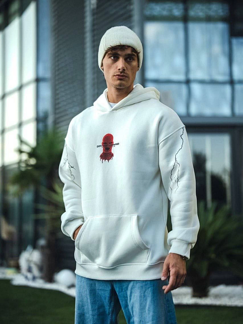 Erkek Kapüşonlu Kanguru Cepli Sweatshirt 3 İplik Pamuklu Baskılı Hoodie -  Beyaz