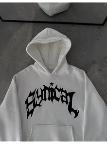 Kadın Kapüşonlu Kanguru Cepli Sweatshirt 3 İplik Pamuklu Baskılı Hoodie -  Beyaz