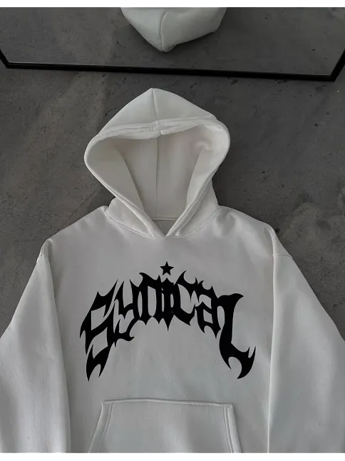 Kadın Kapüşonlu Kanguru Cepli Sweatshirt 3 İplik Pamuklu Baskılı Hoodie -  Beyaz