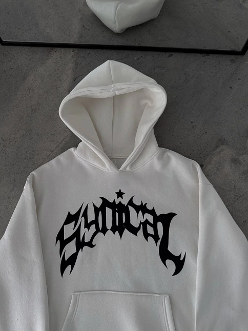 Kadın Kapüşonlu Kanguru Cepli Sweatshirt 3 İplik Pamuklu Baskılı Hoodie -  Beyaz