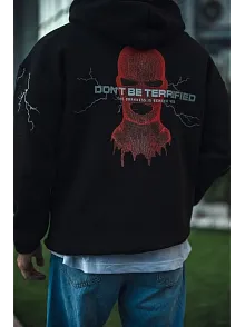 Erkek Kapüşonlu Kanguru Cepli Sweatshirt 3 İplik Pamuklu Baskılı Hoodie -  Siyah