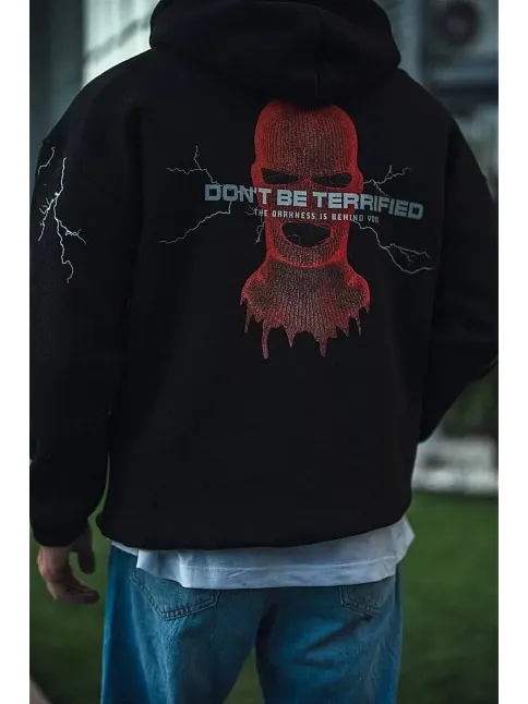 Erkek Kapüşonlu Kanguru Cepli Sweatshirt 3 İplik Pamuklu Baskılı Hoodie -  Siyah