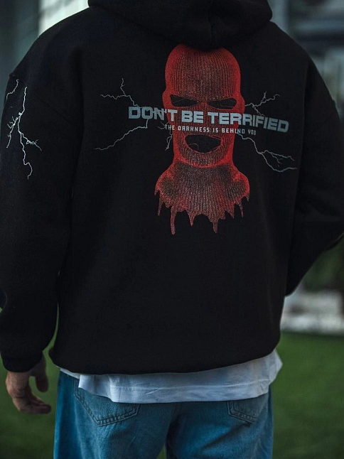 Erkek Kapüşonlu Kanguru Cepli Sweatshirt 3 İplik Pamuklu Baskılı Hoodie -  Siyah