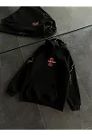 Kadın Kapüşonlu Kanguru Cepli Sweatshirt 3 İplik Pamuklu Baskılı Hoodie - Siyah