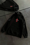Kadın Kapüşonlu Kanguru Cepli Sweatshirt 3 İplik Pamuklu Baskılı Hoodie - Siyah