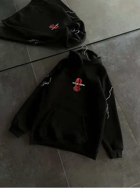 Kadın Kapüşonlu Kanguru Cepli Sweatshirt 3 İplik Pamuklu Baskılı Hoodie - Siyah