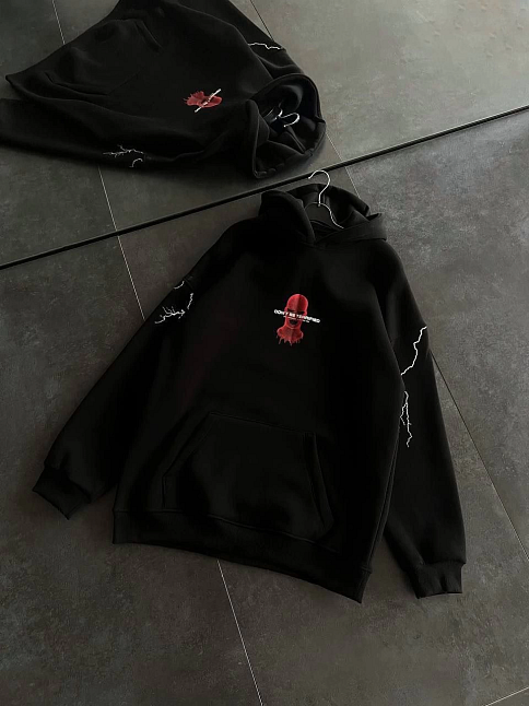 Kadın Kapüşonlu Kanguru Cepli Sweatshirt 3 İplik Pamuklu Baskılı Hoodie - Siyah
