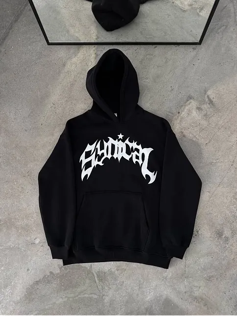 Erkek Kapüşonlu Kanguru Cepli Sweatshirt 3 İplik Pamuklu Baskılı Hoodie - Siyah