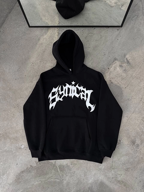 Erkek Kapüşonlu Kanguru Cepli Sweatshirt 3 İplik Pamuklu Baskılı Hoodie - Siyah