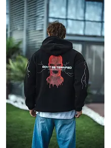 Erkek Kapüşonlu Kanguru Cepli Sweatshirt 3 İplik Pamuklu Baskılı Hoodie -  Siyah