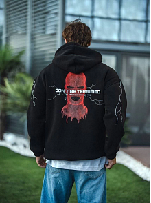 Erkek Kapüşonlu Kanguru Cepli Sweatshirt 3 İplik Pamuklu Baskılı Hoodie -  Siyah